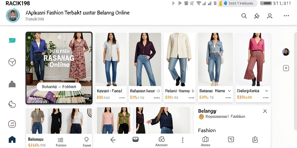 Antarmuka aplikasi RACIK198 menampilkan pilihan fashion terupdate dan menarik.